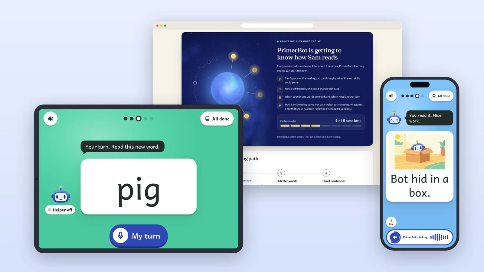 PrimerBot prototype: the child app on iPad and iPhone, with the parent dashboard’s learning-engine panel in a browser